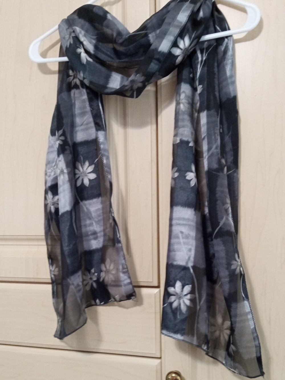 Lightweight Black Silver & Gray Floral Scarf